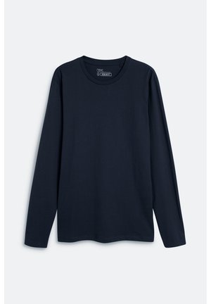 T-shirt a maniche lunghe blu navy in cotone, con scollo a giro e vestibilità regolare, dalla texture liscia e senza motivi visibili.