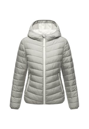 Helle graue Daunenjacke mit Kapuze, mit horizontalem Steppmuster, Frontreißverschluss und zwei Seitentaschen. Glatte Nylongewebestruktur.