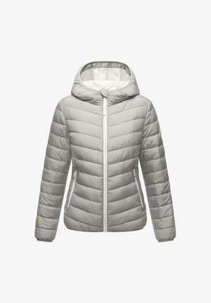 Svetlošedá plnená bunda s kapucňou, so horizontálnym prešívaním, predným zipsom a dvoma bočnými vreckami. Hladká textúra nylonovej tkaniny.