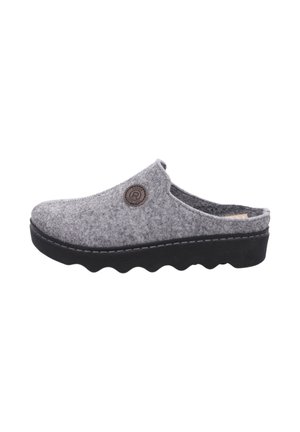 Gray felt slipper with a rounded design, black rubber sole featuring wave pattern, and a circular emblem on the side.