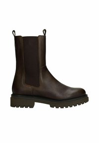 Brown leather ankle boot with elastic side panels, textured surface, pull tabs, and a rugged sole. Features a rounded toe and contrasting accents.