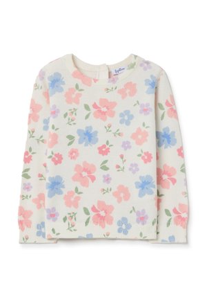 Floral knit sweater with a crew neck, featuring a white base color and a pattern of pink, blue, and purple flowers, and green leaves.