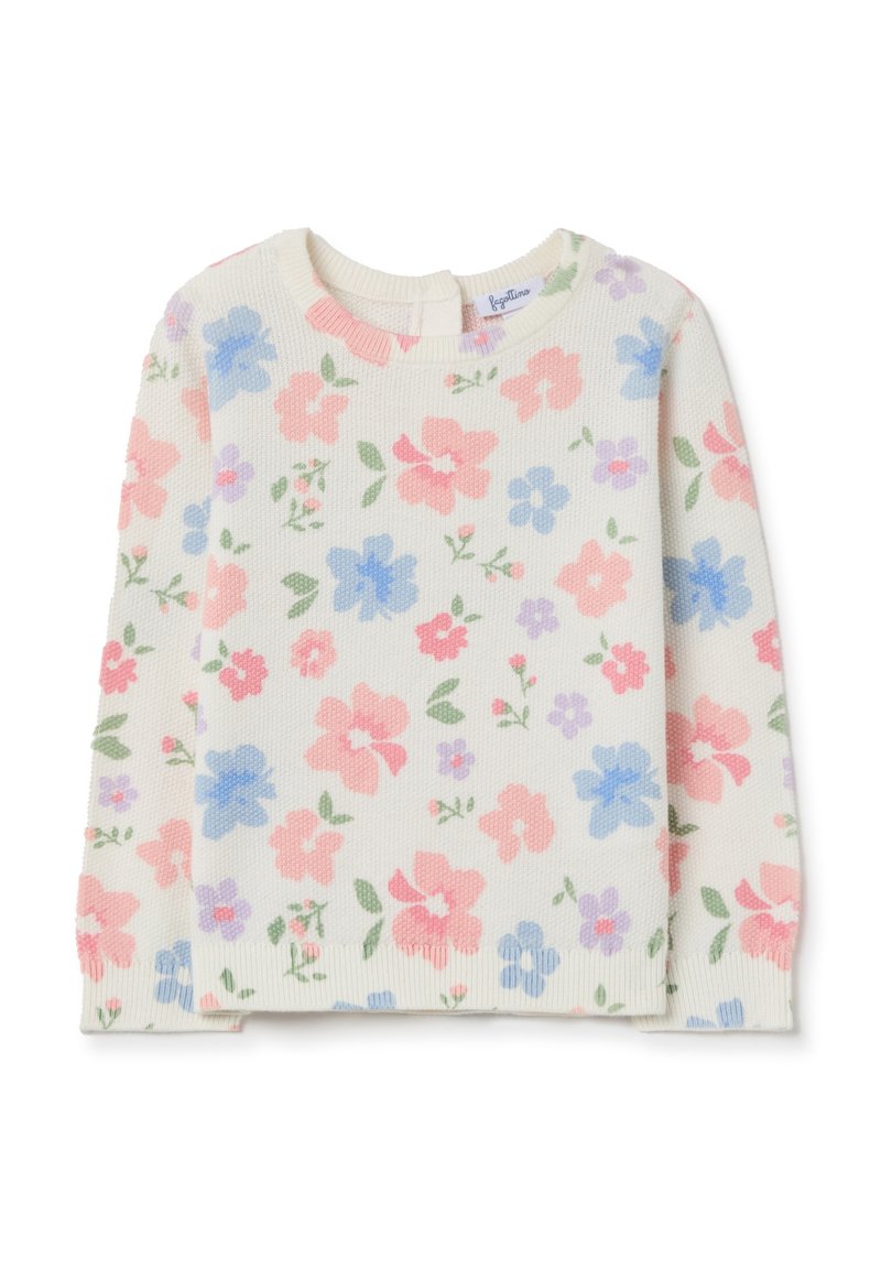 Pull en tricot à motif floral avec un col rond, présentant une base blanche et un motif de fleurs roses, bleues et violettes, accompagné de feuilles vertes.