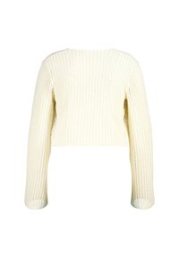 Pull court de couleur crème avec un motif de tricot texturé et des manches longues, vu de dos.