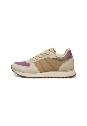 Beige and brown sneakers with purple accents, suede and mesh materials, rounded toe, lace-up design, and textured rear panel.
