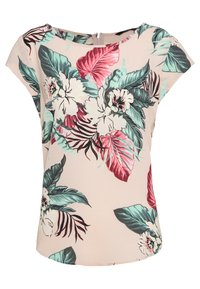Blouse florale en tissu léger, avec un fond rose ornée de grandes feuilles tropicales vertes et bourgognes ainsi que de fleurs blanches. Encolure arrondie.