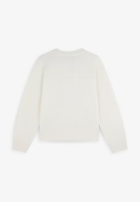 Sudadera blanca de punto con mangas largas, un escote redondo y un diseño de panel trasero limpio. La tela parece suave con una textura lisa.