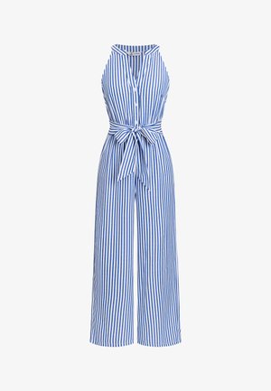 Mono sin mangas a rayas verticales azules y blancas, con botones en la parte delantera y cinturón anudado en la cintura, con pantalones de pierna ancha.