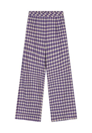 Wijd uitlopende broek met hoge taille in een paars-beige geblokte print met rode accenten, plat liggend afgebeeld tegen een witte achtergrond.