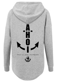 Grey hooded sweatshirt featuring a black "AHOI" text design, arrows, and a nautical-themed graphic on the back. Cotton blend material.