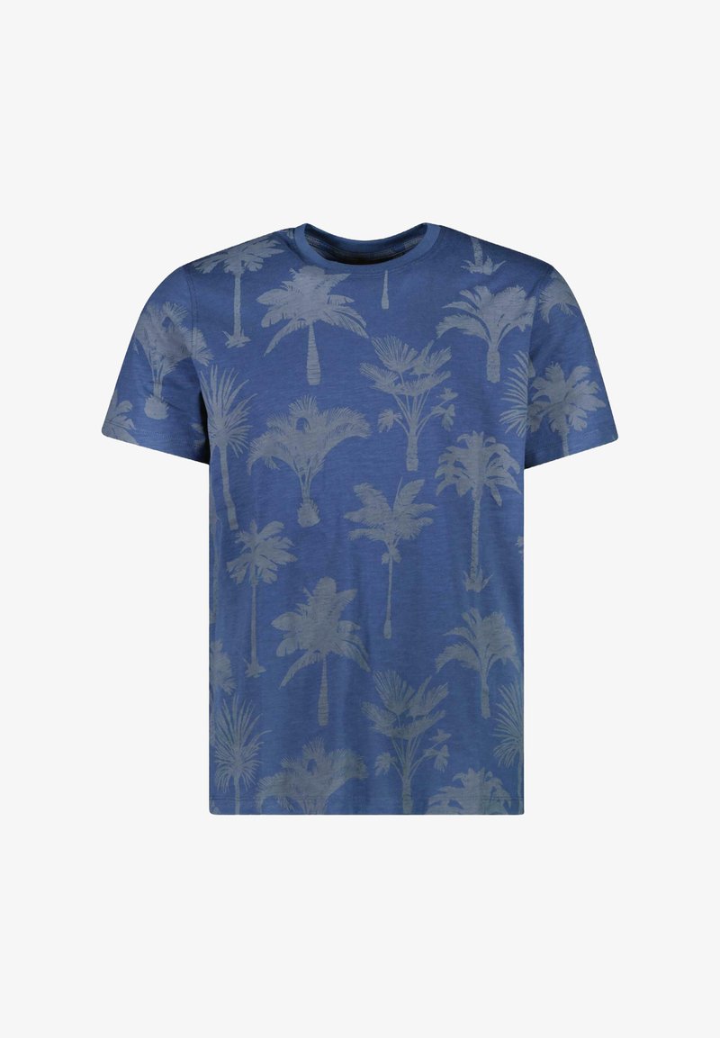 Blauwe katoenen t-shirt met een herhaald palmboompatroon in een lichtere tint. Klassieke ronde hals met korte mouwen. Glad textuur.
