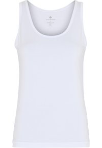 Hvid ærmeløs tanktop lavet af glat stof, med en rund halsudskæring og en tætsiddende pasform. Etiketten er synlig bagpå.