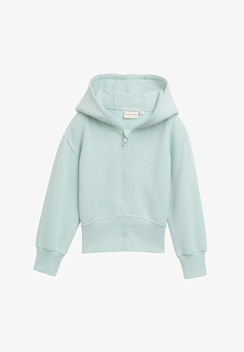 Helle minzgrüne Zip-Up-Hoodie, weicher Stoff, vordere Taschen, gerippte Bündchen und Saum, mit einer geräumigen Kapuze und minimalistischen Designdetails.