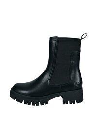 Schwarze Knöchelstiefel aus glattem Leder mit elastischen seitlichen Einsätzen, einer Zuglasche und einer strukturierten Gummisohle mit tiefen Profilen.