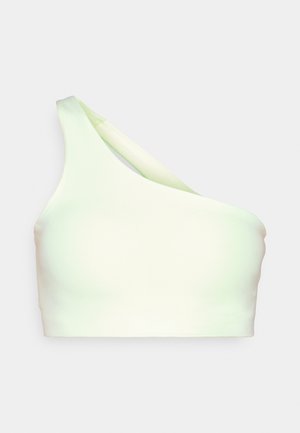 One-shoulder crop top made of smooth, lightweight fabric in a light mint green color with minimal seams and a fitted design.