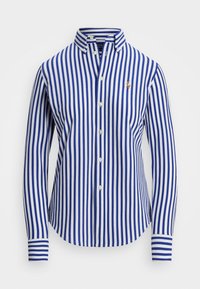 Niebiesko-biała koszula w paski z kołnierzykiem zapinanym na guziki, długimi rękawami i haftowanym logo na piersi. Miękka bawełniana tkanina.
