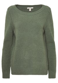 Zielony sweter z dzianiny z szerokim okrągłym dekoltem, długimi rękawami oraz ściągaczami na mankietach i hemie. Miękka faktura, luźny krój i minimalne detale.
