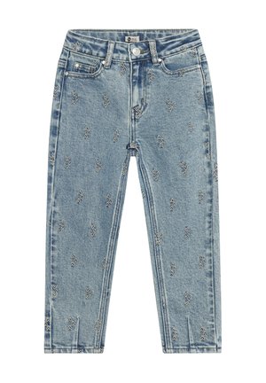 Light blue children's jeans with small white embroidered heart patterns, front pockets, button, and zipper closure.