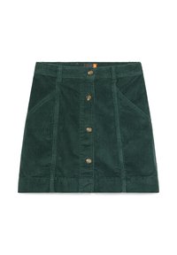 Groene corduroy rok met een voorknopsluiting, zijzakken en een verticale ribbeltextuur, met een gestructureerde A-lijn vorm.