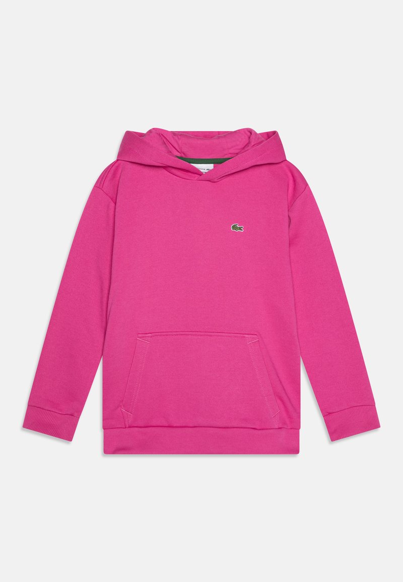 Fle hoodie rosa com um bolso frontal, capuz ajustável com cordão e logotipo verde no peito. Feito de tecido macio com punhos em ribana.