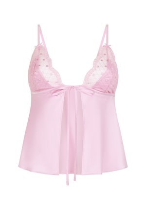 Roze satijnen cami met doorschijnende kanten overlay, verstelbare spaghettibandjes, zachte textuur en een strikdetail aan de voorkant.