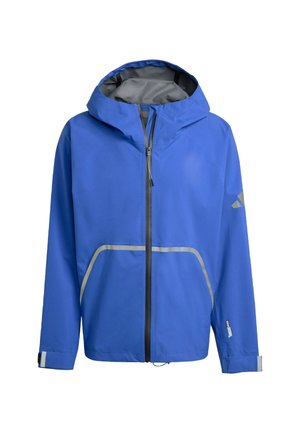 Chaqueta impermeable azul con capucha, interior gris claro, cremallera frontal, detalles reflectantes y puños ajustables. Las características visuales clave incluyen bolsillos.