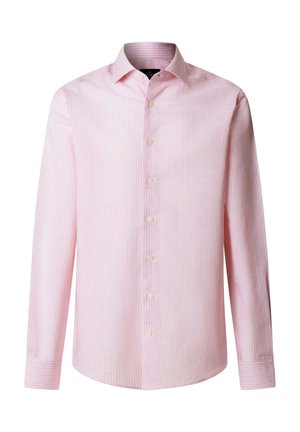Camicia da uomo a maniche lunghe con bottoni, di colore rosa chiaro con sottili righe verticali bianche e colletto classico.