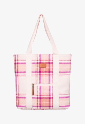 Sac fourre-tout avec un motif à carreaux rose et orange, deux larges poignées rose clair, une poche zippée à l'avant et une petite étiquette de marque en cuir marron.