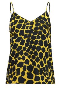 Camicetta gialla con stampa leopardata nera, caratterizzata da spalline sottili e design a scollo a V. Realizzata in tessuto liscio e leggero.