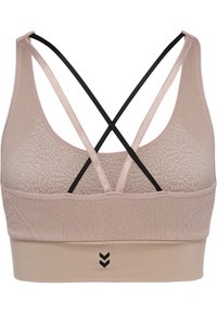 Ljusbeige sportbh med texturerad design, korsade svarta remmar på baksidan och en fast band med svart logotyp i nederkant.