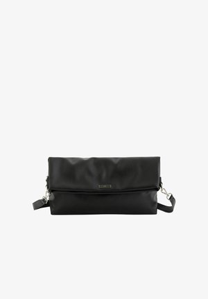 Black fold-over clutch bag with detachable shoulder strap and small metal logo plaque in center front.
