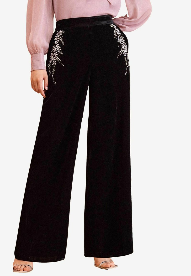 Love & Roses HAND EMBELLISHED WIDE LEG - Kalhoty - black velvet