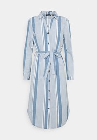 Modrá a bílá pruhovaná košilová šaty s dlouhými rukávy, uvázaným pasem a límcem. Má velké knoflíky po přední straně a zakřivený lem.