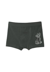 Dark green cotton boxers with a snug waistband, featuring a white outline of a sitting lion cub on the left side.