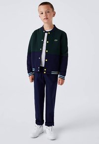 Casaco com blocos de cor azul-marinho e verde, com botões amarelos, camisola branca e calças azul-marinho. Calçado com ténis brancos.