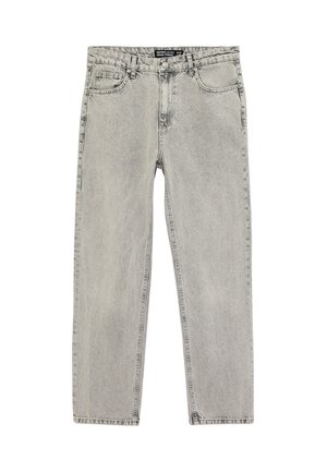 Hellgraue Jeans mit geradem Bein, fünf Taschen, Gürtelschlaufen und Knopfverschluss, mit der Aufschrift "KOTTO JEANS W32 VINTAGE STRAIGHT".