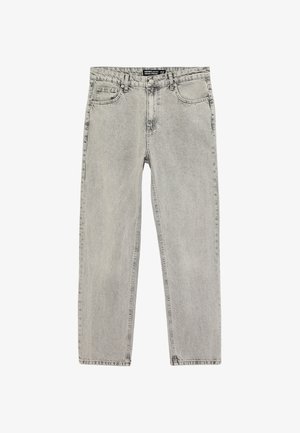 Lichtgrijze rechte jeans met vijf zakken, riemlussen en knoopsluiting, gelabeld "KOTTO JEANS W32 VINTAGE STRAIGHT".