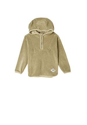 Fleece hoodie in olijfgroen met een ritssluiting in de hals, lange mouwen en een zijlogo-opdruk. Zachte textuur en een comfortabele pasvorm.