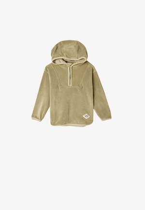 Fleece-huppari oliivinvihreänä, jossa on vetoketjulla varustettu kaula-aukko, pitkät hihat ja sivussa logo-patch. Pehmeä pinta ja rento istuvuus.