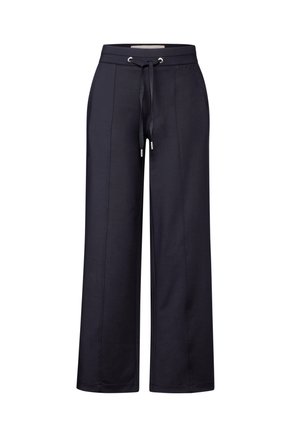 Navy, wide-leg pants made of soft fabric, featuring a drawstring waist, silver hardware accents, and clean stitching details.