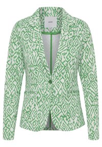 Green and white patterned blazer with a notched collar, single button closure, and two front pockets. Textured fabric with intricate design.