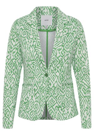 Groene en witte geblokte blazer met een schouderkraag, sluiting met één knoop en twee voorzakken. Gelaagde stof met een ingewikkeld ontwerp.