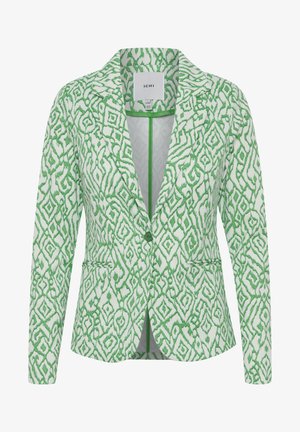 Zeleni in beli blazer z vzorcem, s reverjem, enojnim gumbom in dvema sprednjima žepoma. Teksturovana tkanina z zapletenim dizajnom.