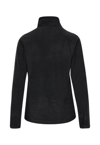 Zwarte fleece pullover met een hoge kraag en lange mouwen. Zachte textuur, gladde afwerking en een eenvoudig, gestroomlijnd ontwerp. Geen zichtbare versieringen.
