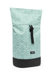 Zaino roll-top con un motivo geometrico verde menta, fondo nero e chiusura con fibbia sicura. Realizzato in tessuto resistente.