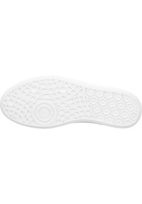 Semelle de chaussure en caoutchouc blanc présentant un motif texturé et géométrique avec des designs circulaires et en forme d'étoile pour l'adhérence. Bords plats et lisses.