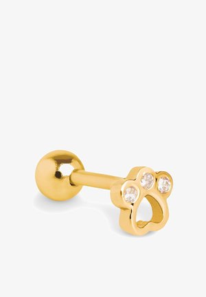 Orecchino a forma di impronta d'oro con tre strass trasparenti. Presenta un supporto sferico, una texture liscia e una finitura lucida.