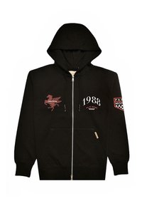 Felpa nera con zip realizzata in cotone. Presenta un design grafico rosso con il testo "1988" e tasche. Include un cappuccio con lacci e toppe con logo.