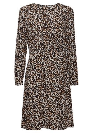 Heleprindiga kleit heledas beežis, pika varrukaga ja ümmarguse kaelusega. Omab kinnitatud taljet ja avarat seelikut. Sile kangastekstuuri.