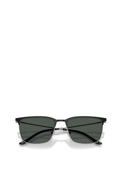 Occhiali da sole neri rettangolari con lenti verde scuro e dettagli in metallo, caratterizzati da un design minimalista e aste sottili. I cuscinetti nasali trasparenti aumentano il comfort.